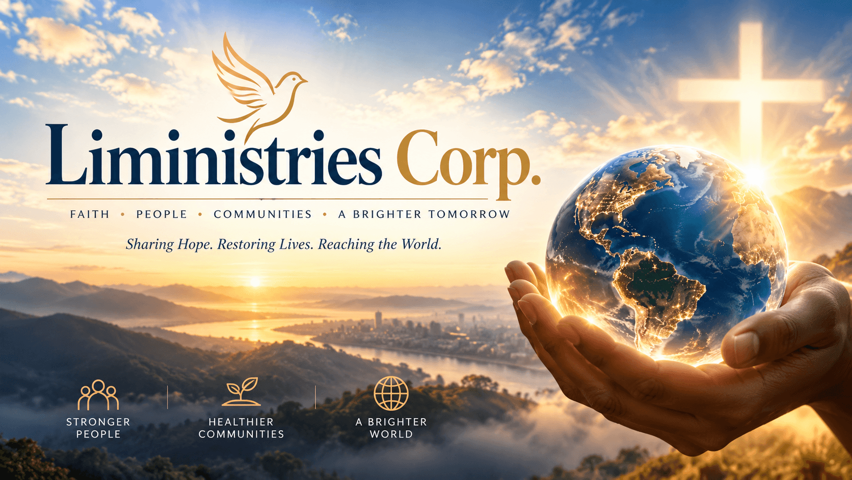 Liministries Corp. — Faith, People, Communities, A Brighter Tomorrow. Sharing Hope. Restoring Lives. Reaching the World. Hands holding a glowing globe beneath a cross of light.