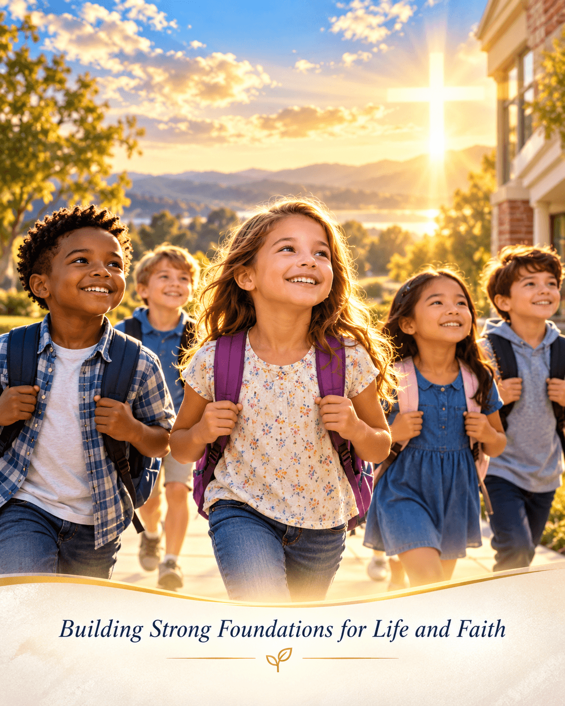 Elementary-age children with backpacks walking to school at sunrise