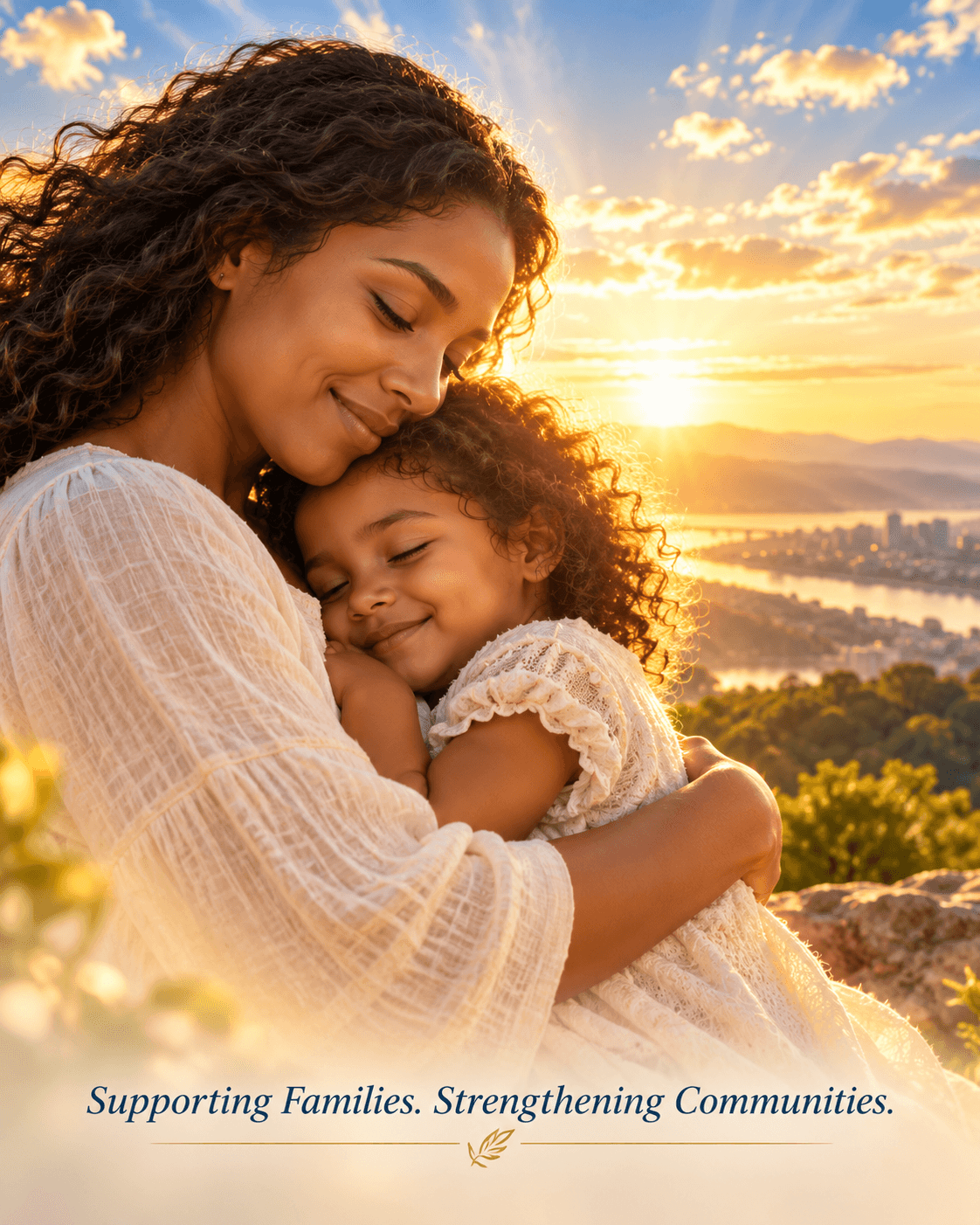 A mother embracing her young daughter on a hillside at sunrise