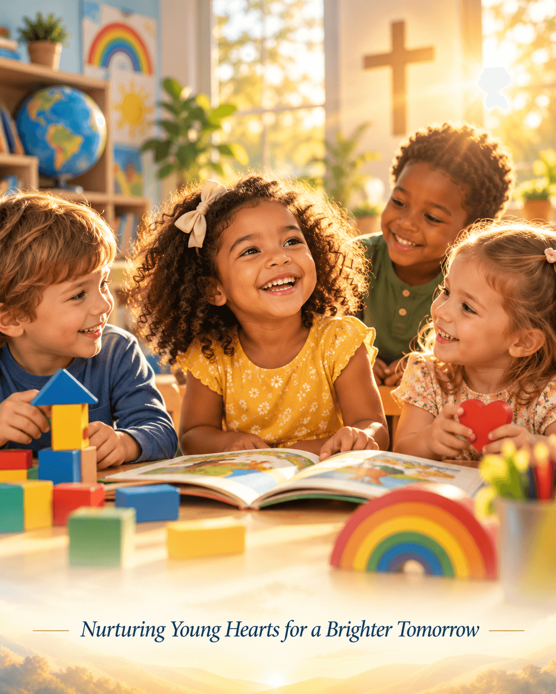 Smiling preschoolers gathered around a picture book with building blocks