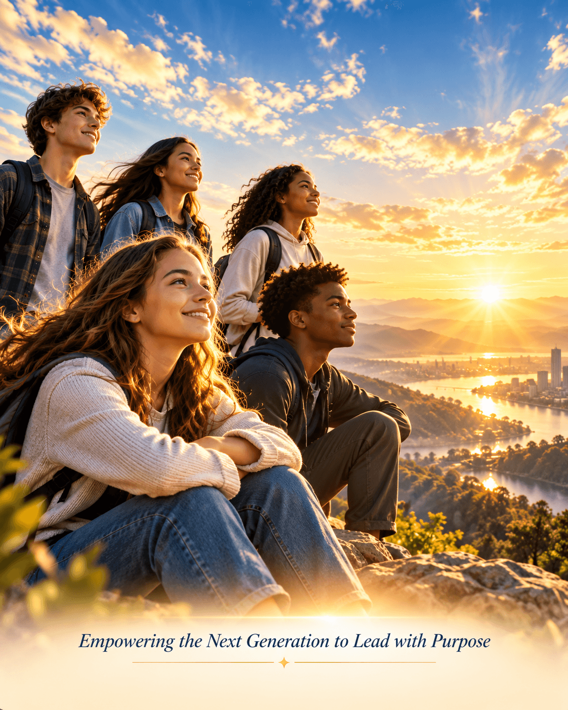 Teenagers sitting together on a rocky overlook above the city at sunrise