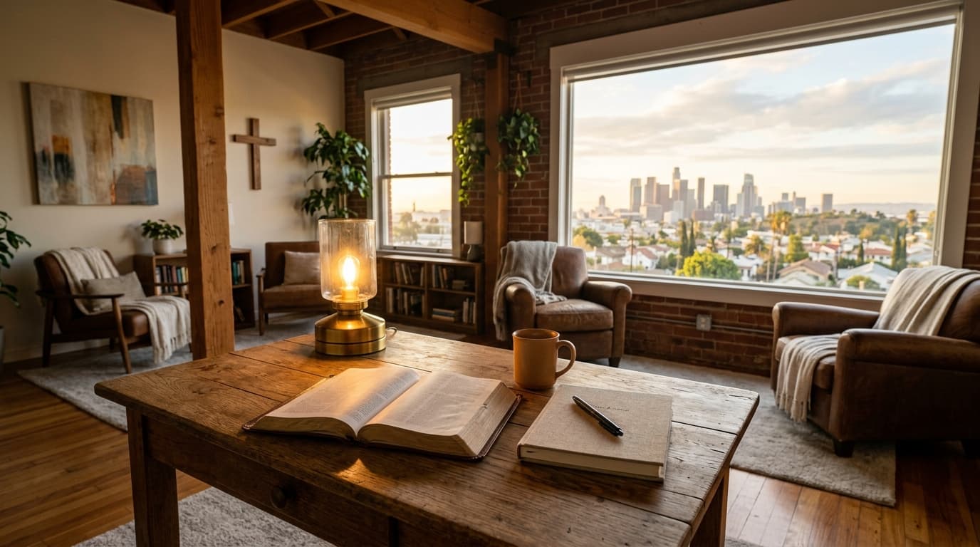 Open Bible on a wooden table beside a lamp, symbolizing vision and structure for ministry