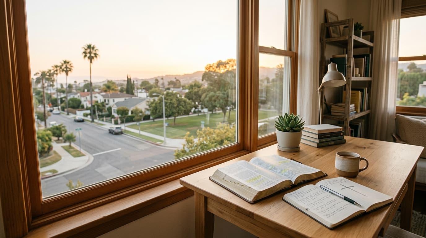 Young adult studying a Bible with notes at a desk by a window