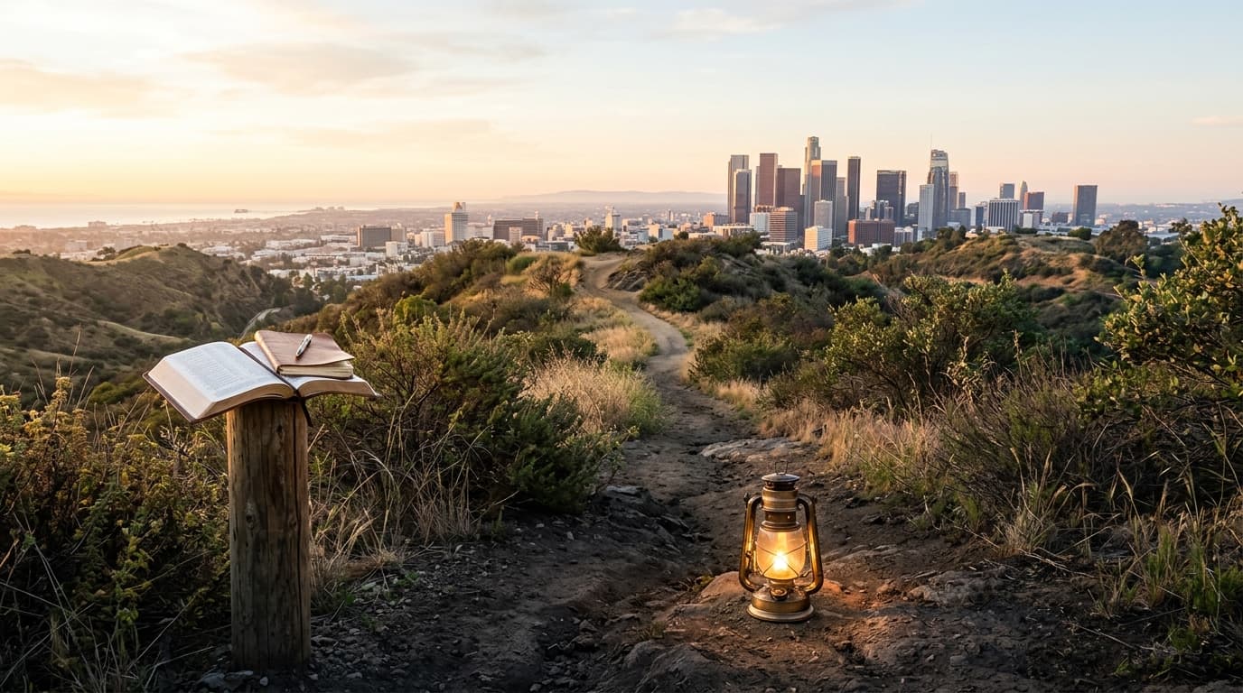 Small oil lamp glowing on a dark path, illustrating Psalm 119:105
